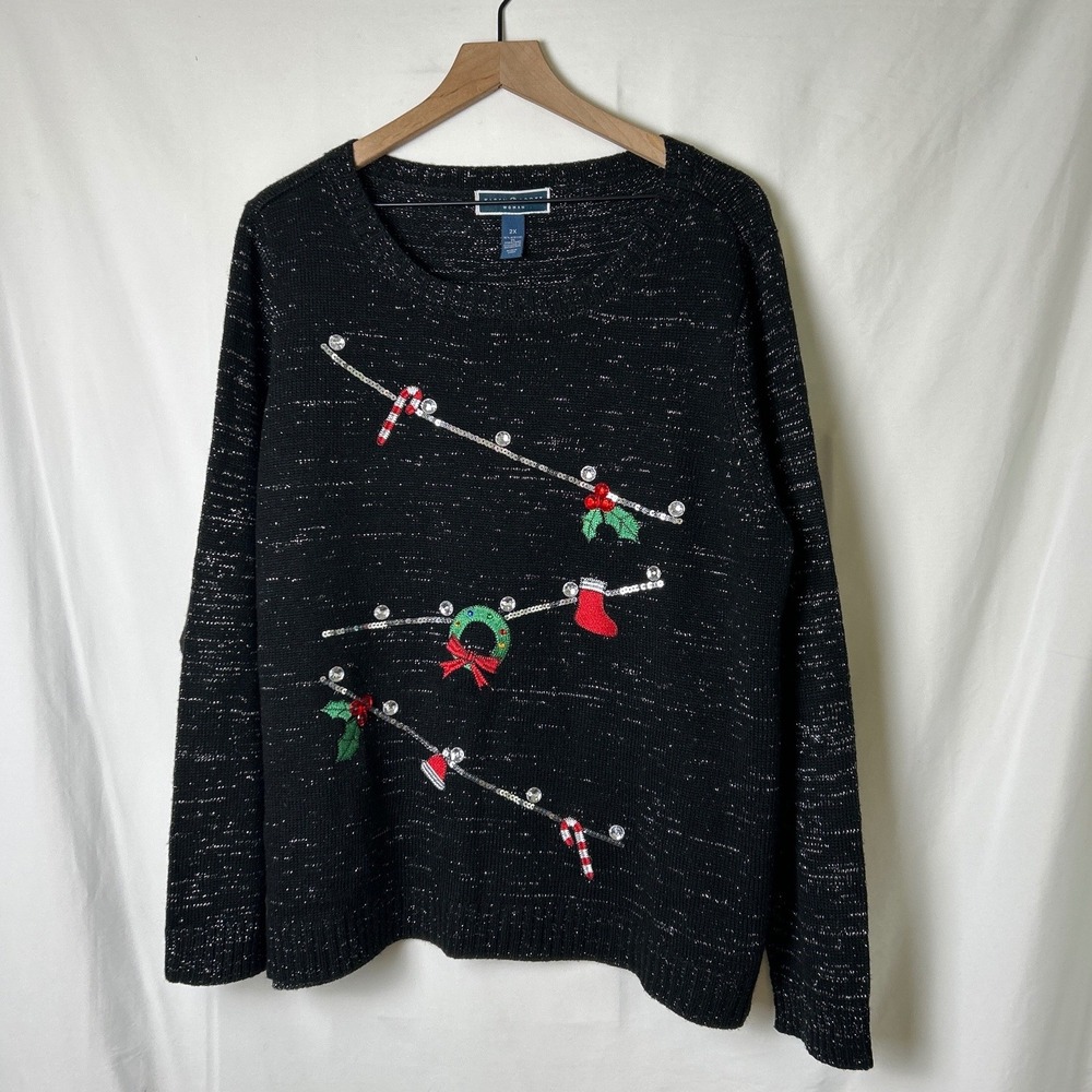 Karen Scott Women Christmas Sequin Gemstone Pullover Sweater Plus Size 2X Black